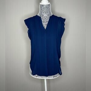 H&M CONSCIOUS Womens Navy Blue Ruffled Sleeve Button Down Tank Top Blouse Size 4
